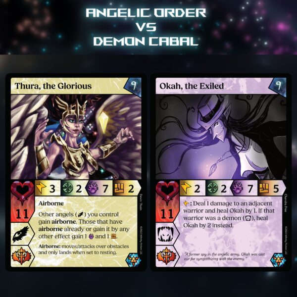 Image of the two champion cards in the Angel and Demon factions.
