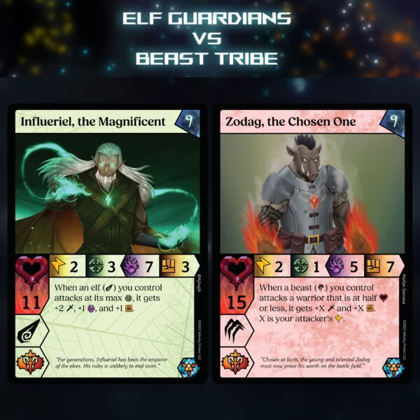 Image of the two champion cards in the Elf and Beast factions.