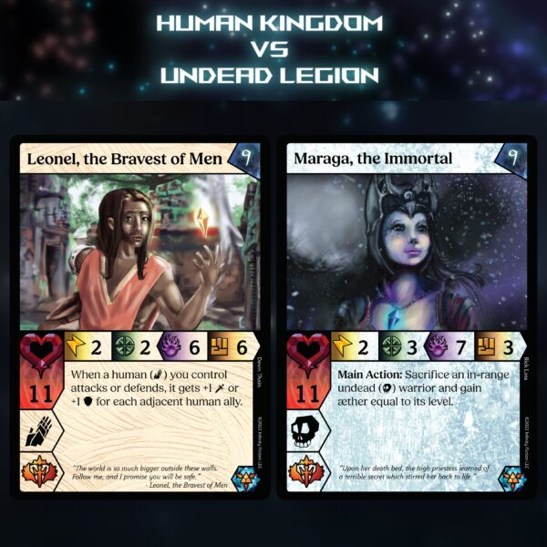 Image of the two champion cards in the Human and Undead factions.